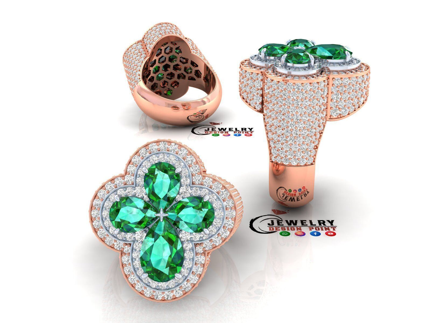 Diamond Custom Four Leaf Clover Ring - Pear Leaf Ring