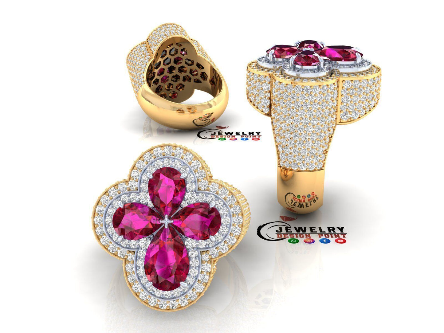 Diamond Custom Four Leaf Clover Ring - Pear Leaf Ring