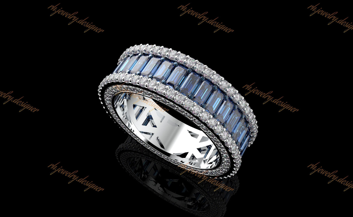 Sapphire Baguette Eternity Ring + Side Earth Mined Diamonds