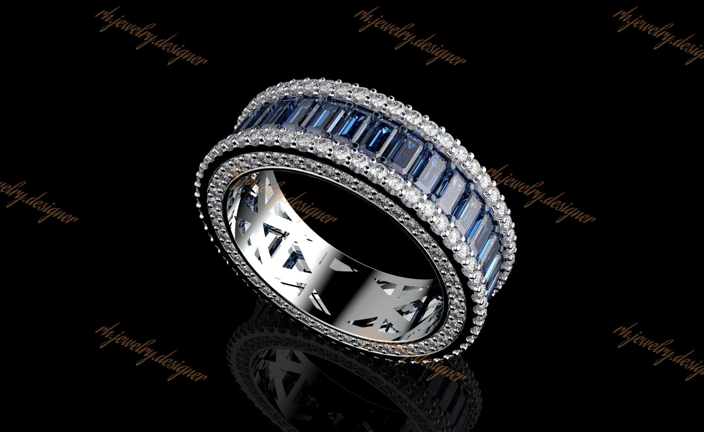 Sapphire Baguette Eternity Ring + Side Earth Mined Diamonds
