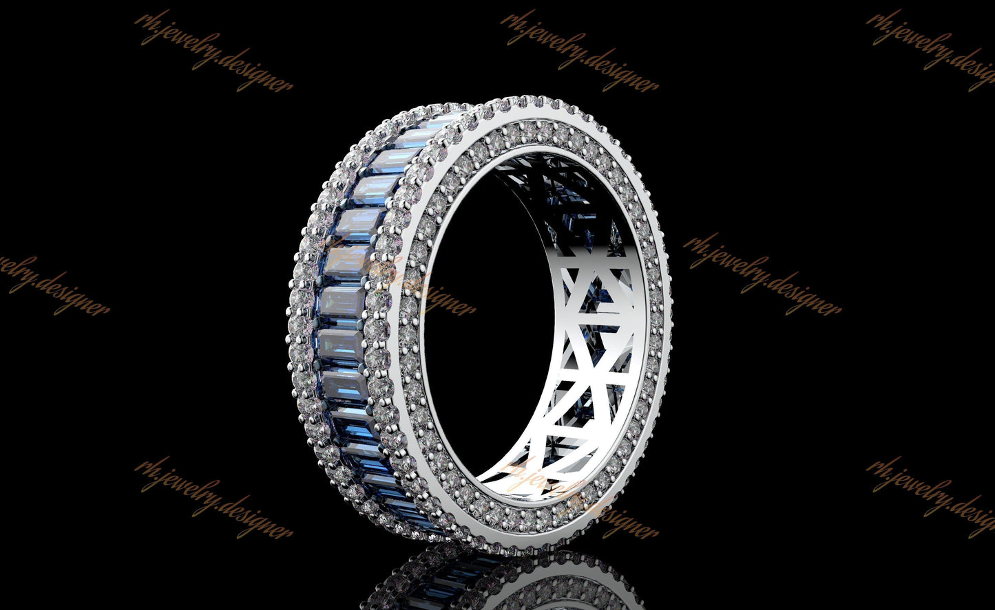 Sapphire Baguette Eternity Ring + Side Earth Mined Diamonds