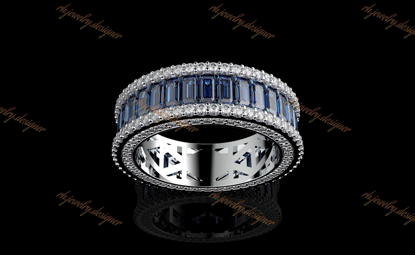 Sapphire Baguette Eternity Ring + Side Earth Mined Diamonds