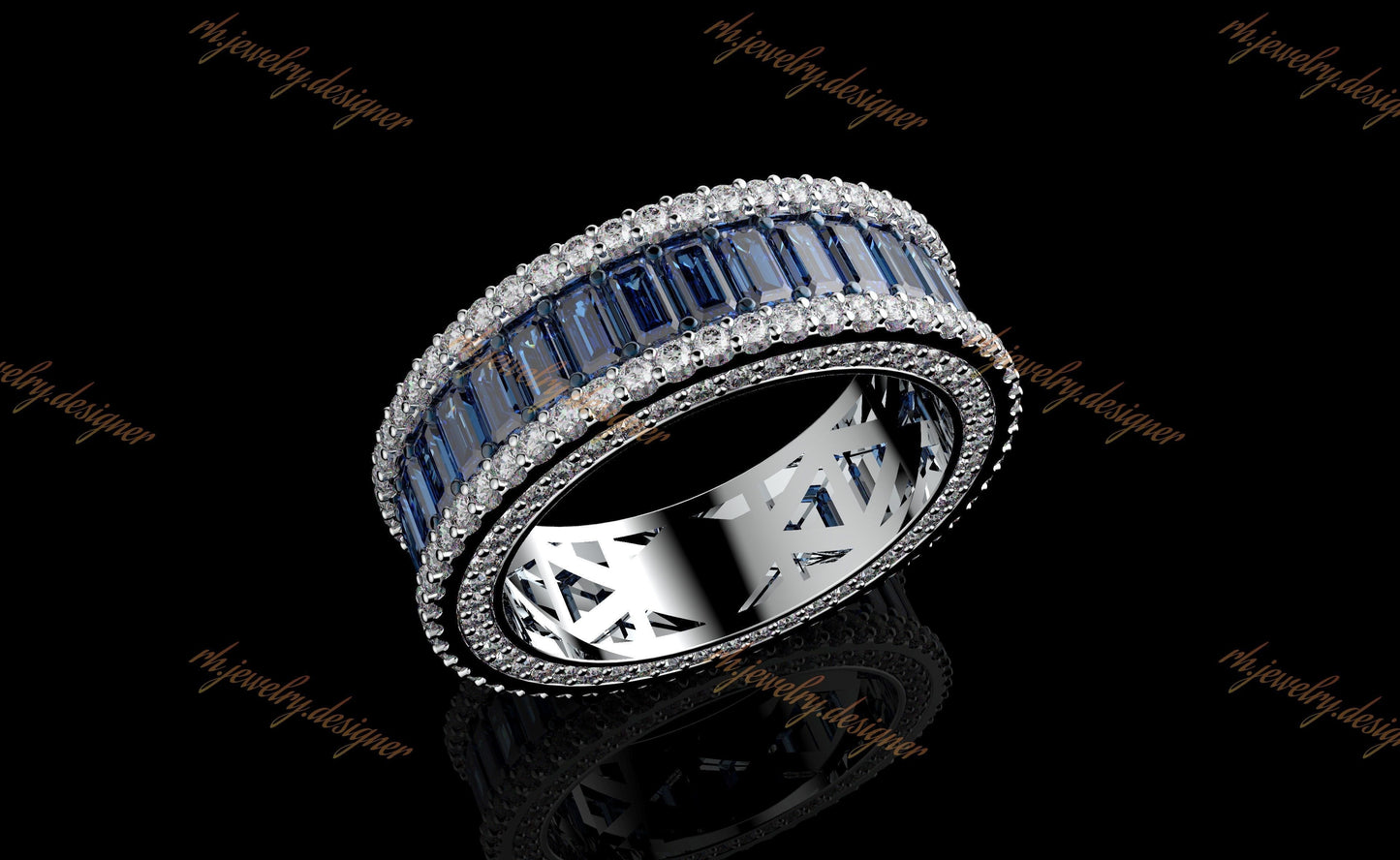 Sapphire Baguette Eternity Ring + Side Earth Mined Diamonds