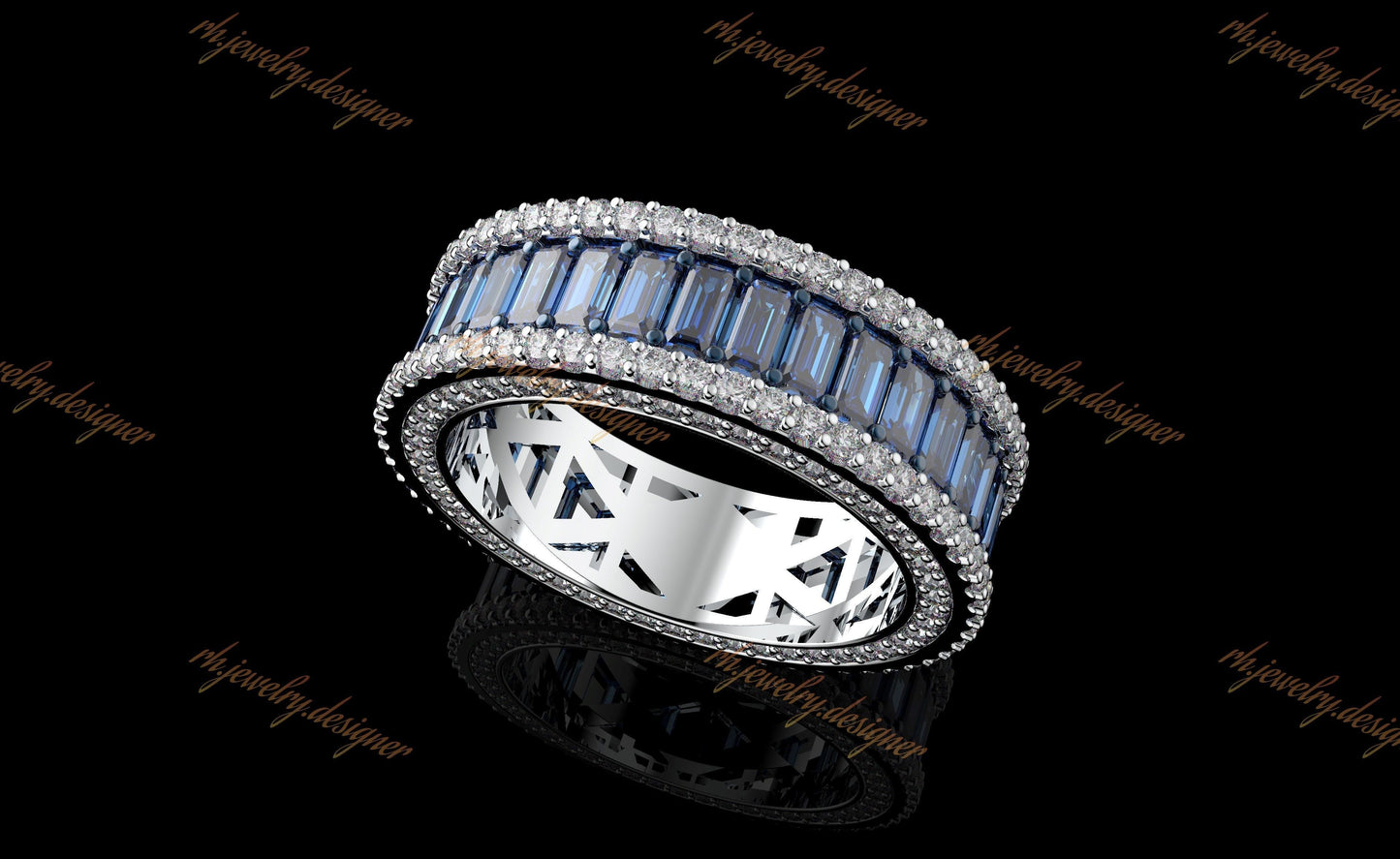 Sapphire Baguette Eternity Ring + Side Earth Mined Diamonds