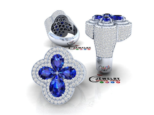 Diamond Custom Four Leaf Clover Ring - Pear Leaf Ring