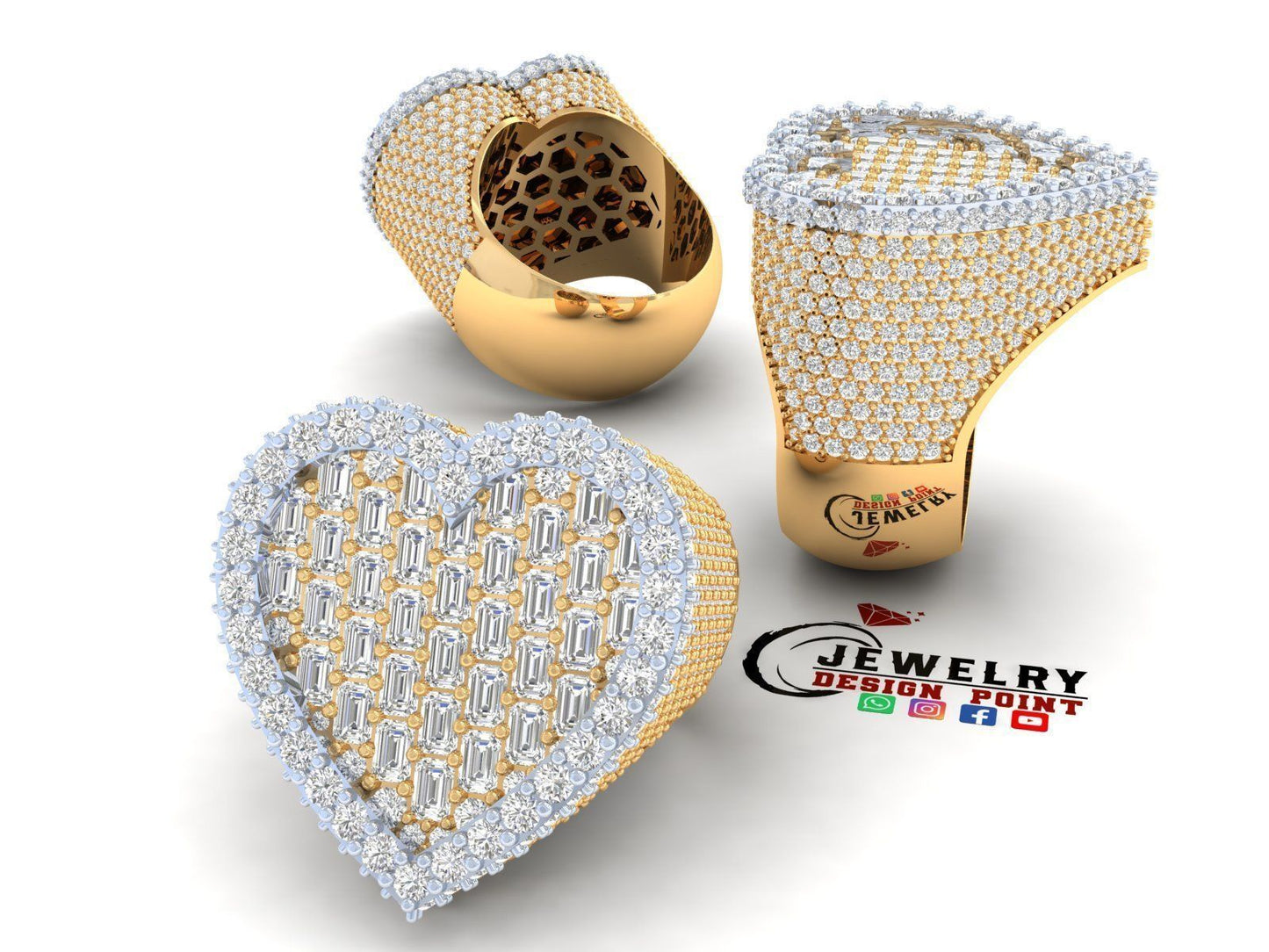 Custom Heart Champion Emerald Diamond Ring 14k