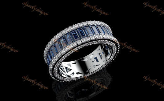 Sapphire Baguette Eternity Ring + Side Earth Mined Diamonds